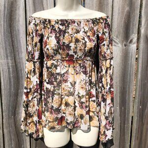 Bailey 44 Anthropologie XS Off Shoulder Bell Sleeve Floral Smocked Top Blouse